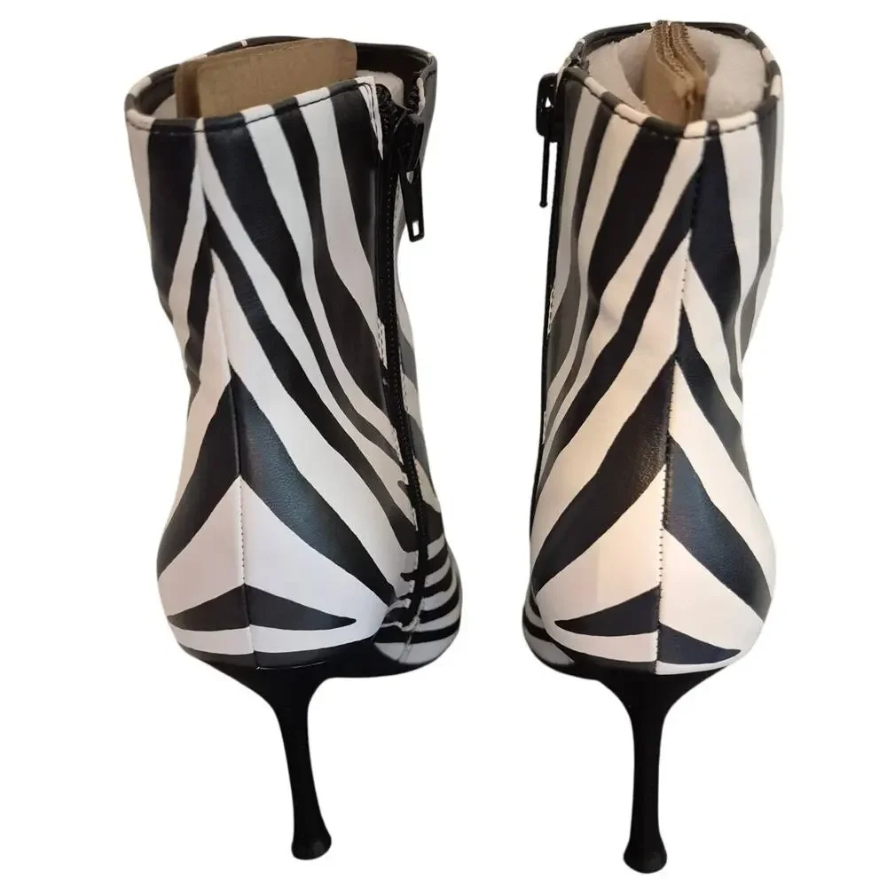 INC Womens Zebra Black Booties US 6.5 Rohese Pointed Toe Flare Zip-Up Boots